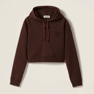 Replica Miu Miu Cotton fleece hoodie Cocoa Brown 2025 #6035