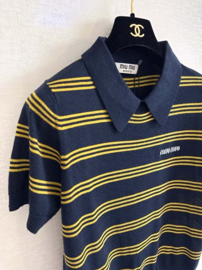 Replica Miu Miu Striped cashmere and silk polo sweater Navy #6002 - Image 3