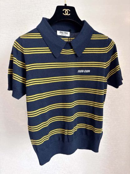 Replica Miu Miu Striped cashmere and silk polo sweater Navy #6002 - Image 4