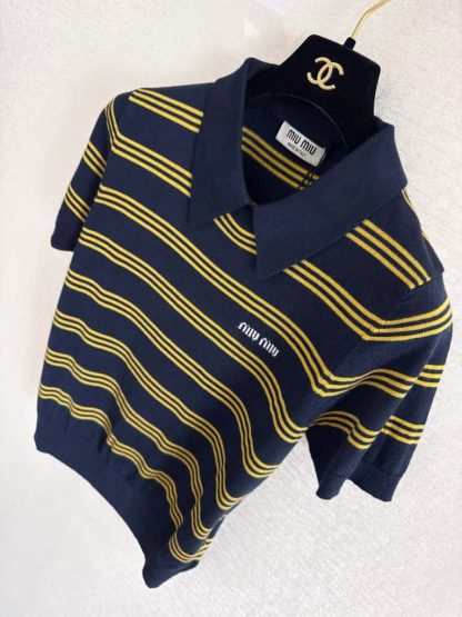 Replica Miu Miu Striped cashmere and silk polo sweater Navy #6002 - Image 5