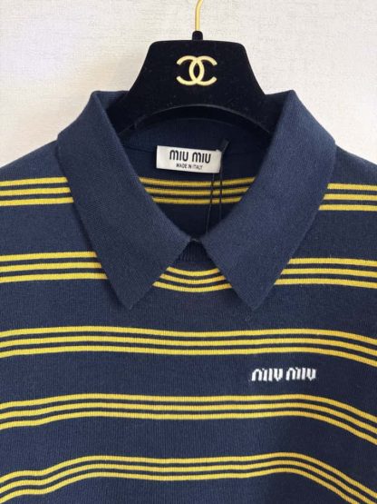 Replica Miu Miu Striped cashmere and silk polo sweater Navy #6002 - Image 6