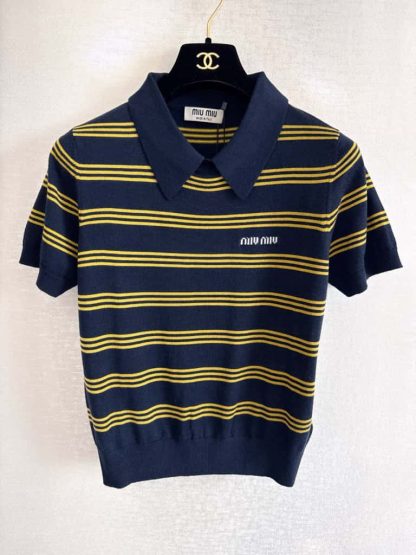 Replica Miu Miu Striped cashmere and silk polo sweater Navy #6002 - Image 7