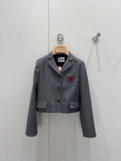 Replica Miu Miu Single-breasted grisaille jacket with logo 2025 #6036 - Image 10