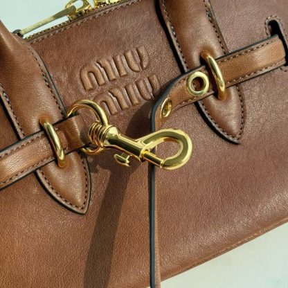 Replica Miu Miu Aventure nappa leather top-handle bag small Oak #6053 - Image 9