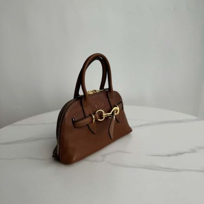 Replica Miu Miu Aventure nappa leather top-handle bag small Oak #6053 - Image 3