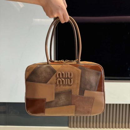 Replica Miu Miu Leather patchwork Beau bag Cognac #6088 - Image 4