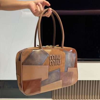 Replica Miu Miu Leather patchwork Beau bag Cognac #6088 - Image 2